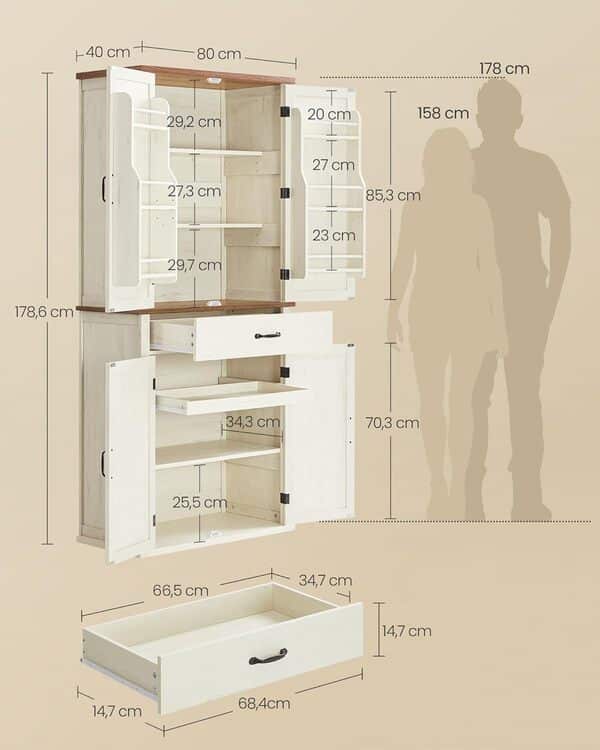 VASAGLE Buffet Haut Cuisine, Meuble de Rangement, Armoire, Vaisselier, Hauteur 178,6 cm, avec Tiroir, Placards, Étagères Réglables, pour Salon, Cuisine, Blanc Rustique BBK364W02