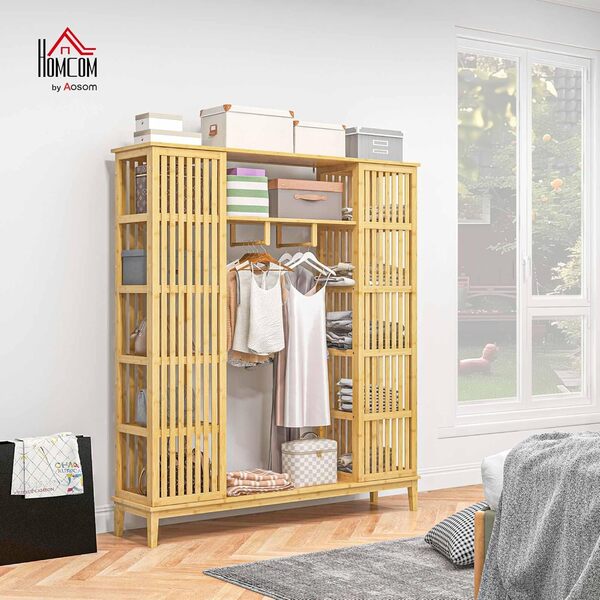 HOMCOM Armoire penderie en Bambou Armoire de Rangement avec 2 Portes coulissantes, étagères Ouvertes et Tringle pour la Chambre à Coucher, 145 x 35 x 165cm, Finition Bois Naturel