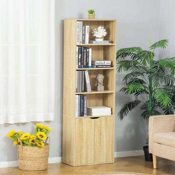 HOMCOM Bibliothèque à 6 Niveaux, Meuble de Rangement, étagère à Livres 59 x 29 x 180 cm avec 4 Compartiments Ouverts et 2 Portes, étagère de Rangement pour Salon, Chambre, Bureau, Bois Naturel