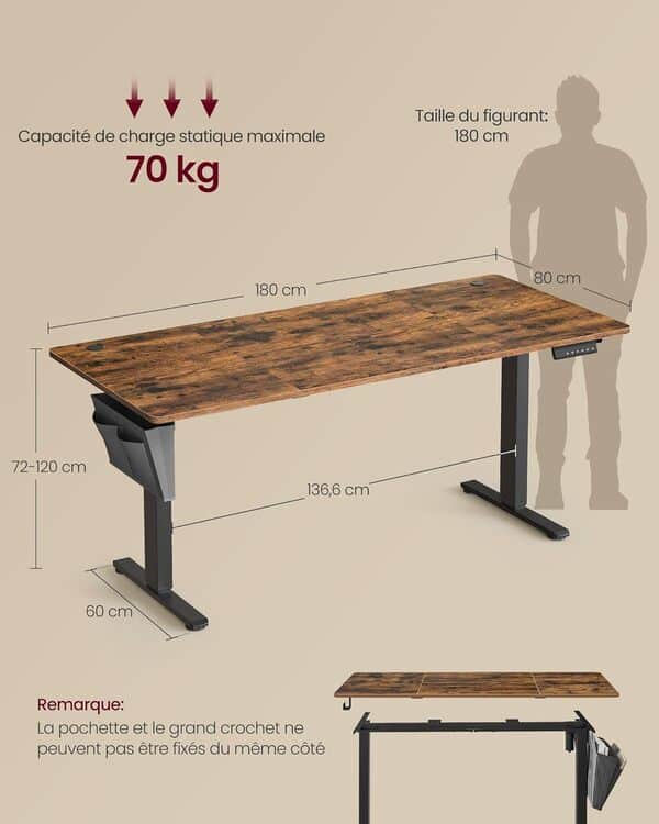 SONGMICS Bureau Électrique Réglable en Hauteur, 180 x 80 cm, Table Assis-Debout, Fonction Mémoire 4 Hauteurs, pour Bureau, Télétravail, Marron Rustique LSD138K01