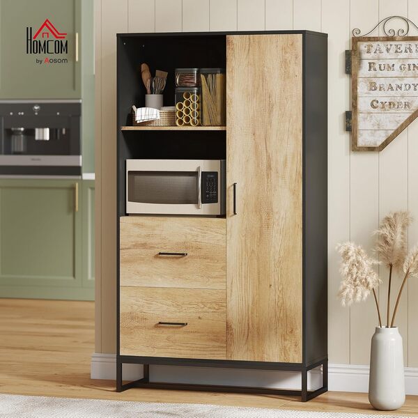 HOMCOM Buffet haut cuisine, armoire de cuisine, vaisselier, 2 tiroirs, placard à porte, 2 niches ouvertes, étagères réglables, meuble de rangement moderne, pieds en acier, 88x35x160cm, noir et naturel