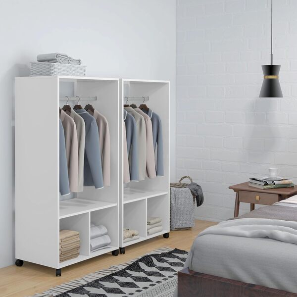 HOMCOM Lot de 2 portants à vêtements penderie Mobile avec roulettes 2 niches + Grand Espace penderie en Bois Blanc