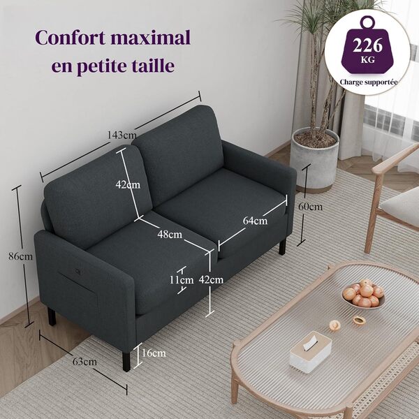 GRAVFORCE Canapé 2 places avec 2 ports de charge et poche latérale, petit, 143 cm, série cloud, confortable, pour chambre d'adolescent, appartement, salon, bureau, en bois, tissu, gris foncé, canapé