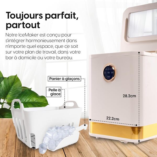 HOME® Machine à glaçons | 20 kg de glace en 24 heures | Sans germes | Réservoir d'eau de 1,5 L | Glace en 6 minutes | 2 tailles de glace | Compact et silencieux | Machine à cocktails (Beige)