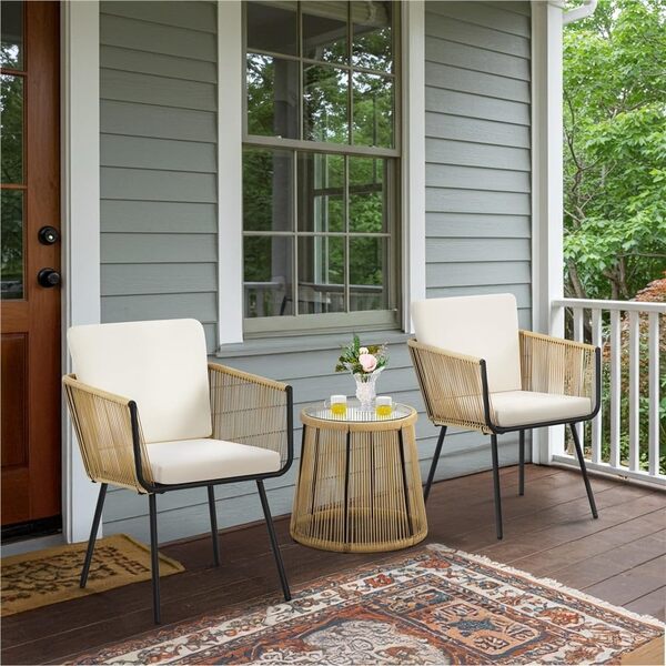 Salon de Jardin Extérieur en Osier 2 Personnes Table et Chaise Ensembles 3 Pièces avec Fauteuils à Coussins Mobilier de Jardin pour Balcon, Terrasse Kaki/Crème