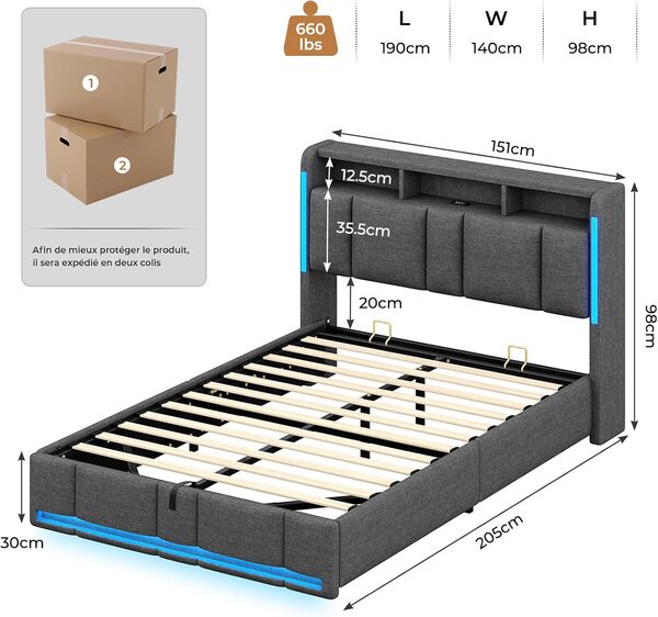 AOGLLATI Lit Coffre 140x190 CM, Lit Double avec LED et Ports USB, Cadre de lit avec Tête de Lit capitonné et Rangement, Lattes en Bois, Lin Gris Foncé(sans Matelas)