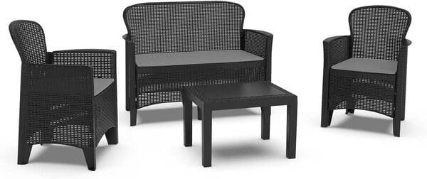 Dmora - Set salon d'extérieur Ostuni, Salon de jardin composé de 2 fauteuils, 1 canapé et 1 table basse, Coin salon effet rotin avec coussins, 100% Made in Italy, Anthracite