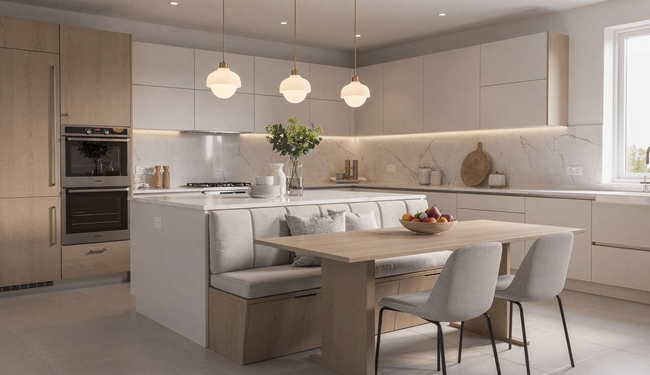 Am&eacute;nagement d'un coin repas adoss&eacute; &agrave; un &icirc;lot central