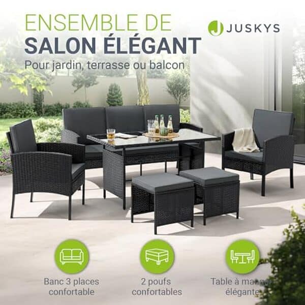 Découvrez notre avis sur le salon de jardin Juskys Turin avec 6 pièces en rotin noir : design moderne, confort et durabilité au rendez-vous pour votre extérieur.