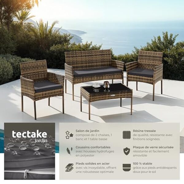 Découvrez notre avis détaillé sur le salon de jardin TecTake en résine tressée : design moderne, confort exceptionnel et entretien facile pour embellir votre espace extérieur.