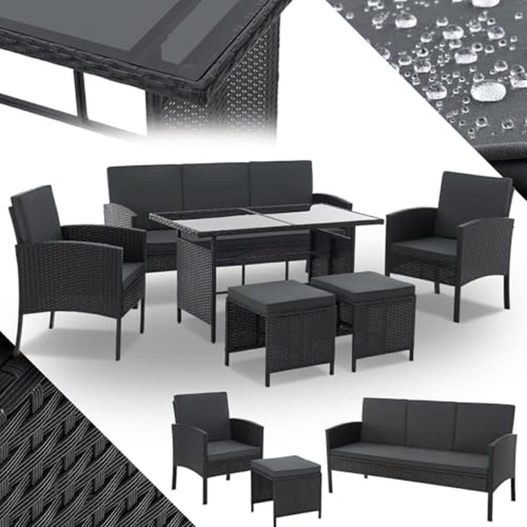Test salon de jardin Juskys Turin : ensemble 6 pièces en rotin noir