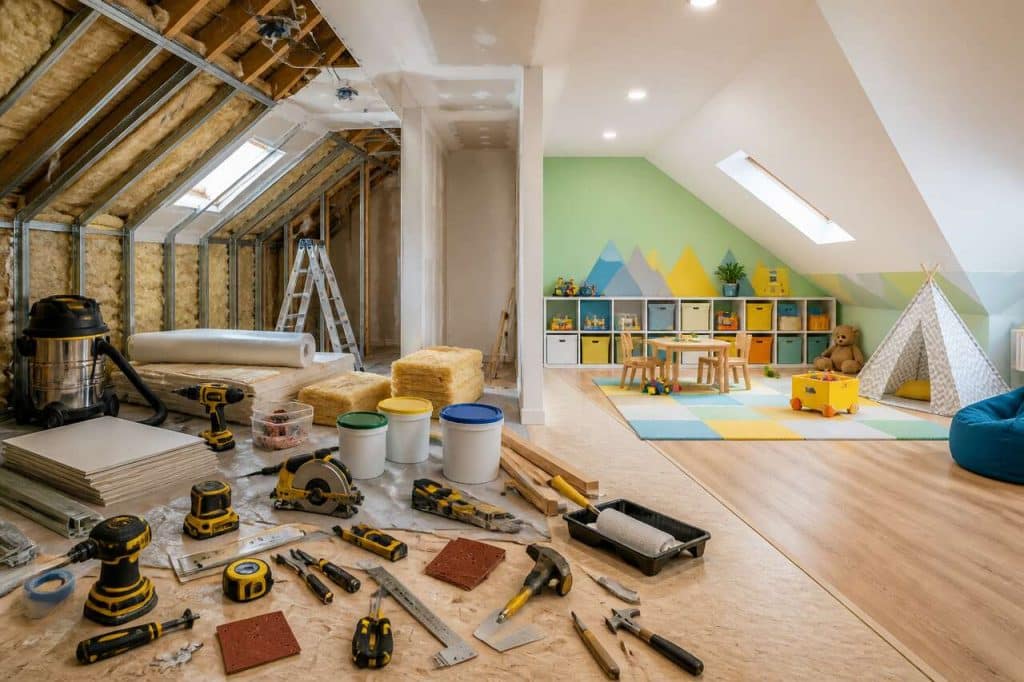 Transformation de combles en salle de jeux : avant-après