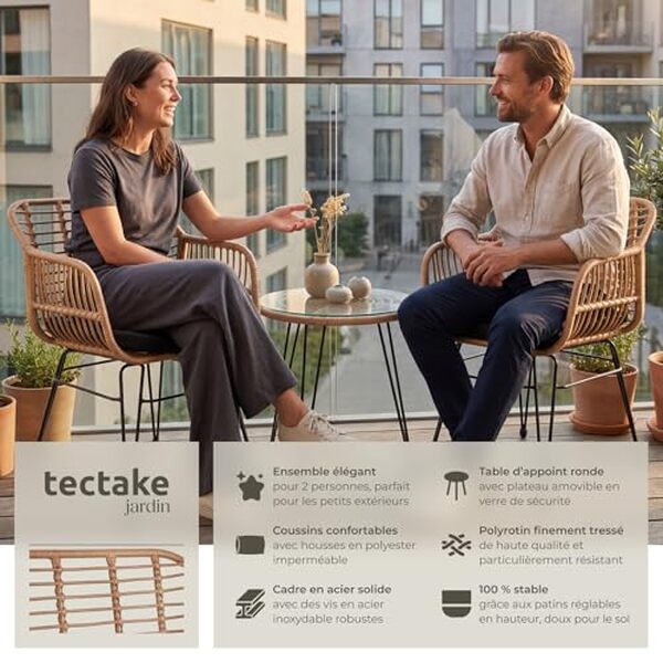 Découvrez notre test du salon de jardin TecTake en poly rotin pour deux personnes : design, confort et durabilité analysés pour vous aider à choisir. 