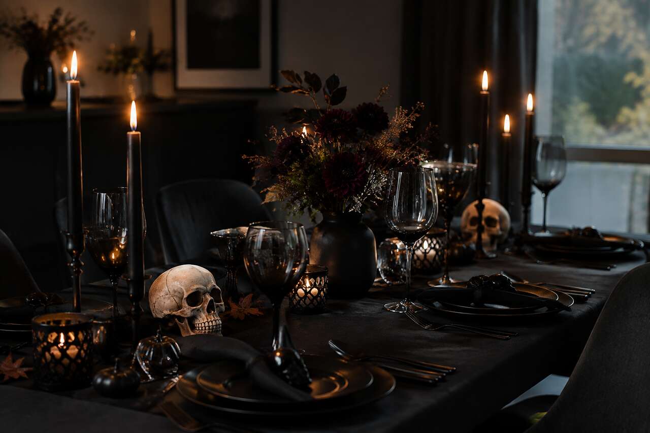Table halloween chic: minimalisme, contrastes et détails macabres Table halloween chic: minimalisme, contrastes et détails macabres