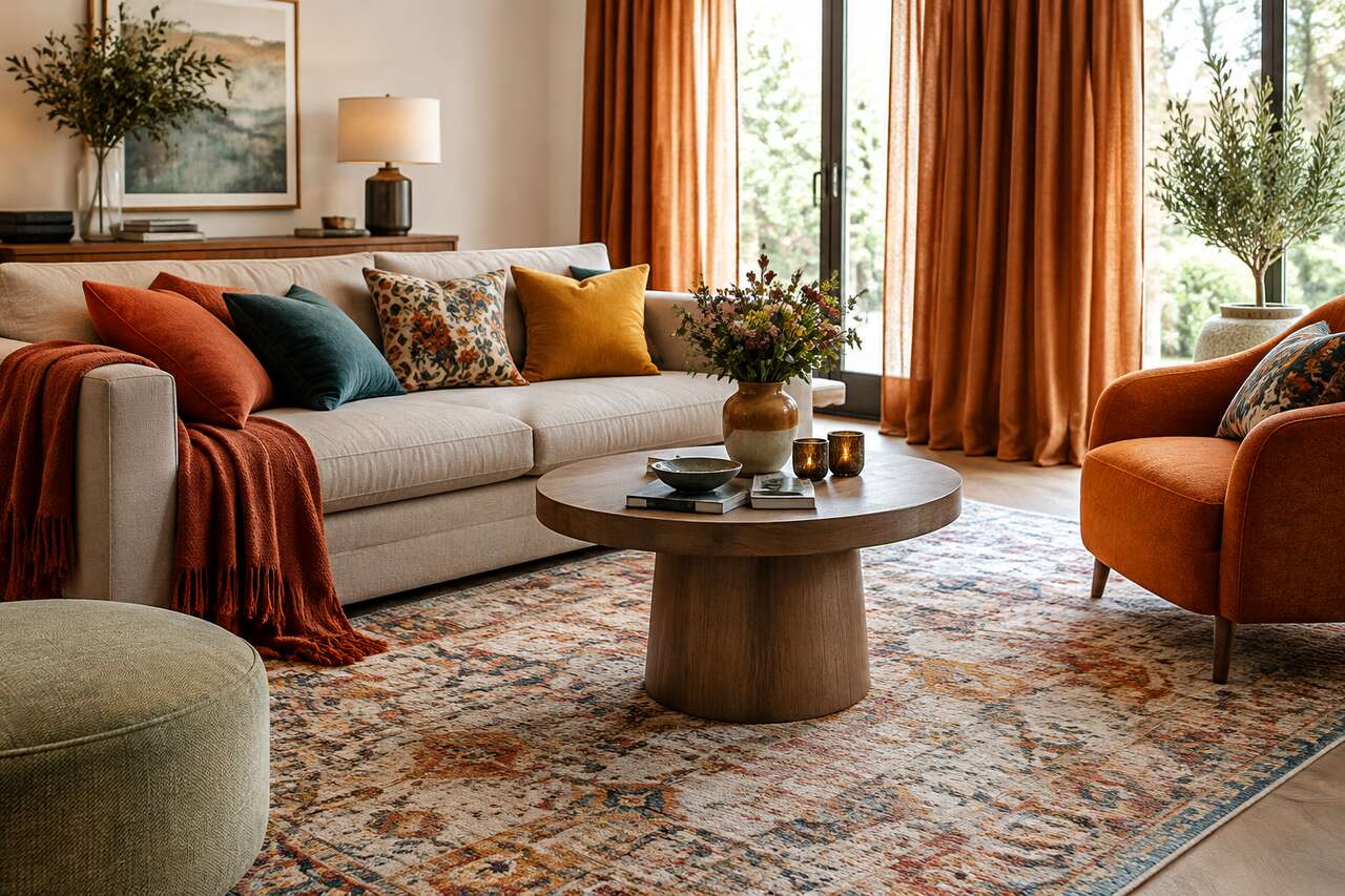 Textiles: tapis, rideaux et coussins pour r&eacute;chauffer et structurer
